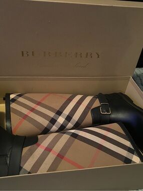 Burberry Beige Check Knee-High Boots with Black Leather Trim